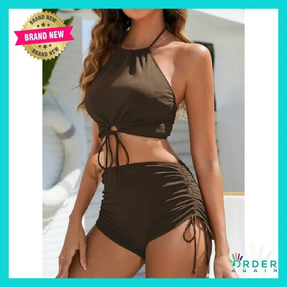 High Waisted Bikini Set Tummy Control Halter Drawstring Two Piece Swimsuit